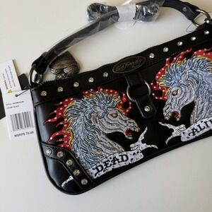 Ed Hardy Womens Shoulder Purse Bag Horses Tattoo Dead Alive Studs Black NWT Y2K